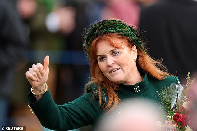 Sarah Ferguson gestures as she attends the Royal Family's Christmas Day service at St Mary Magdalene's church