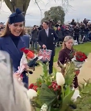 Princess Charlotte and Mia Tindall greeted crowds today after the Christmas church service at Sandringham today