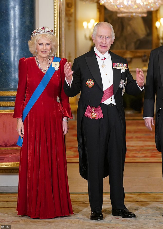 Queen Camilla and King Charles III ahead of the State Banquet at Buckingham Palace, London, for the state visit to the UK by President of South Korea Yoon Suk Yeol and his wife Kim Keon Hee on November 21, 2023