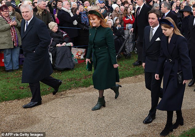 Fergie is pictured arriving with Prince Andrew, her daughter Princess Beatrice and her husband Edo Mapelli Mozzi