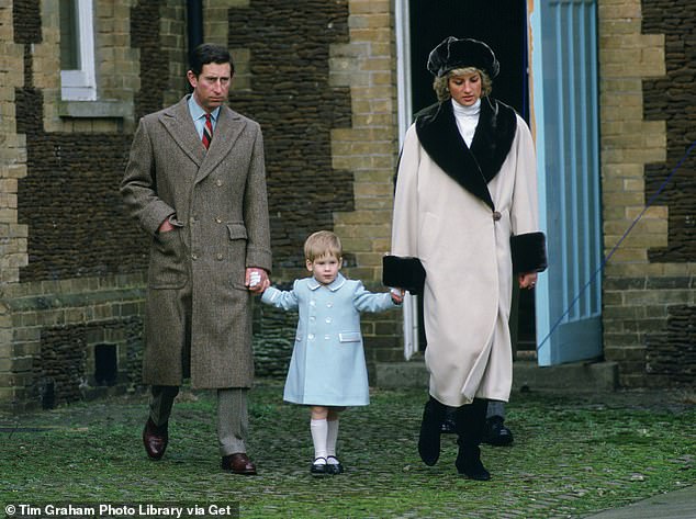 One of the first times the then-Prince of Wales wore his tweed coat was for a photocall at Sandringham on 3 January 1988 with Princess Diana and a three-year-old Prince Harry. Harry and Diana are also dressed for the winter weather with the young prince wearing a powder blue peacoat by Catherine Walker and his mother dressed in a cashmere and wool coat with synthetic beaver fur by Arabella Pollen