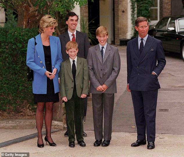 Despite this, the insider said Kate and William had 'argued' about the idea of boarding school for their children 'for years'. Pictured: Princess Diana, King Charles and Princes William and Harry at Eton College in 1995