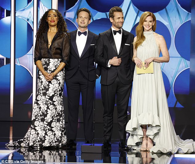 Meghan Markle's former Suits co-star Gina Torres, 54, Patrick J. Adams, 42, Gabriel Macht, 51, and Sarah Rafferty, 51, enjoyed a reunion at the 81st Golden Globe Awards on Sunday