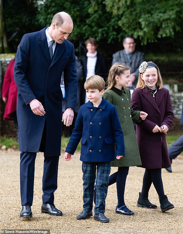 William, Prince of Wales; Prince Louis; Princess Charlotte; and cousin Mia Tindall attend the Christmas Morning Service at Sandringham Church