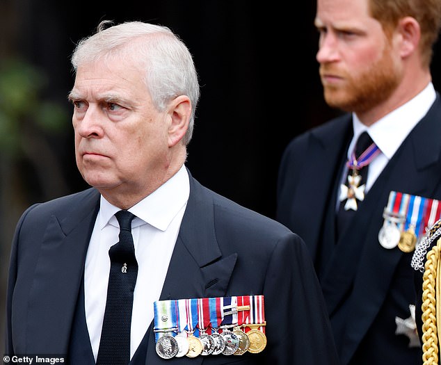 Prince Andrew and Prince Harry attend the Committal Service for Queen Elizabeth II at St George's Chapel, Windsor Castle on September 19, 2022. Neither wore military uniforms