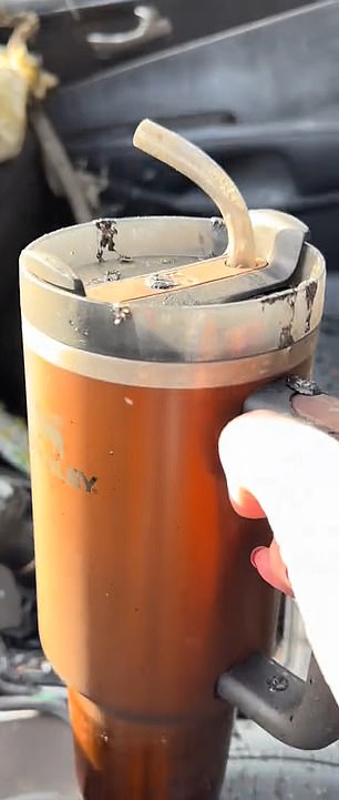 Her Stanley cup sits completely intact in the driver’s seat cupholder, with ice still left frozen inside