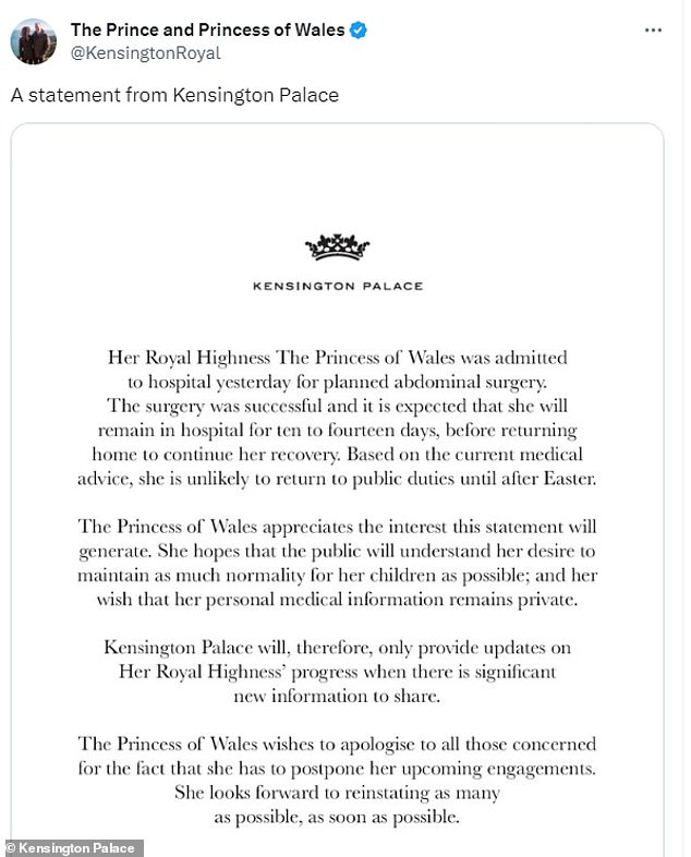 Kensington Palace announced that the Princess of Wales has had abdominal surgery