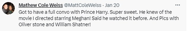 Weiss, who also works as a produce for TMZ and has a social media feed filled with celebrity selfies, added a snap of Harry chatting to guests at the gala