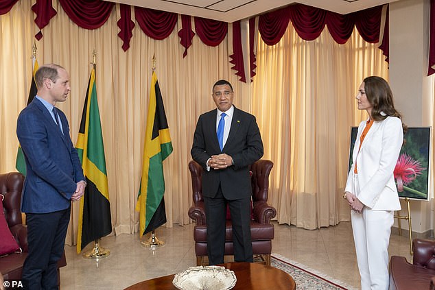 The Duke and Duchess of Cambridge met Prime Minister Andrew Holness at his office in Kingston, Jamaica, on day five of their tour of the Caribbean on behalf of the Queen in 2022