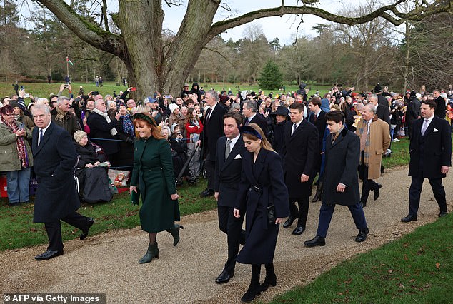 Prince Andrew (left) joined his family alongside ex-wife Sarah Ferguson and their daughters Princess Beatrice and Princess Eugenie