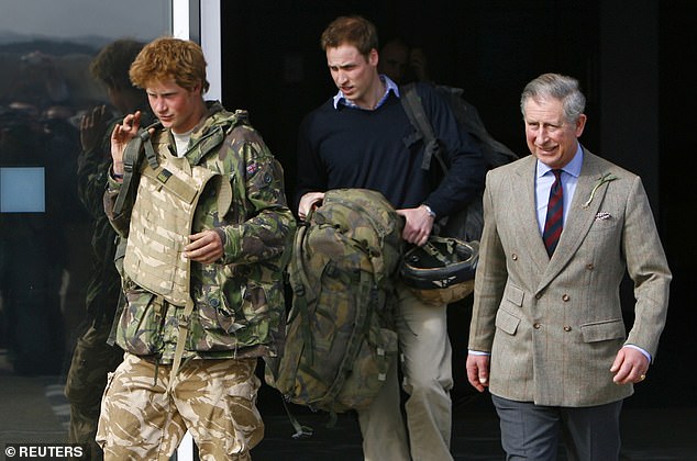 Prince Harry leaves the press conference with his father and brother by his side