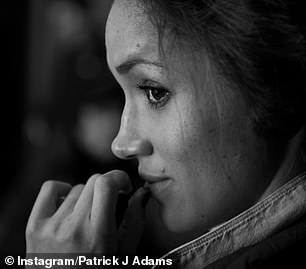 One of them was a black-and-white portrait of Meghan, who turned to look at the camera with her hand resting against her lips. Another showed her playfully sheltering under an umbrella