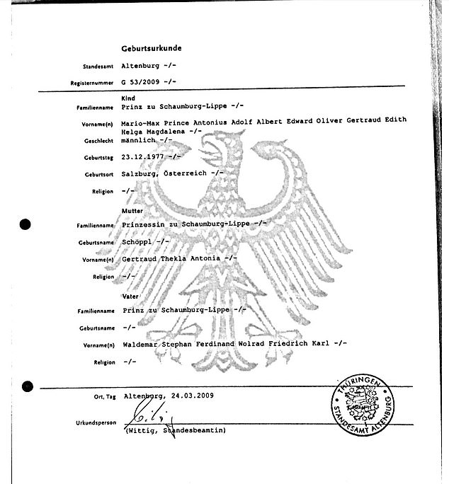 Mario-Max Schaumburg-Lippe was adopted by a German Prince and Princess when he was in his 20s. He began using the title of prince in around 2009