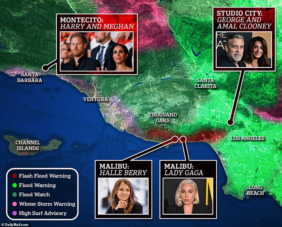 Harry and Meghan, George Clooney , Lady Gaga and Halle Berry are among the celebrities whose multi-million-dollar mansions are under threat by the severe storms. The Sussexes' $14.65million Montecito mansion was under a 'flood watch' warning for 28 hours, while their surrounding county, Santa Barbara, was deluged with inches of rain on Monday. The county's police department shared a video of brown water exploding out of Mission Creek across West Haley Street and De La Vina Street, turning roads into rivers on Sunday. Harry and Meghan live just a couple miles east with their two children Archie and Lilibet, in a mansion featuring two connected palm trees in the garden and a grand piano in the living room.