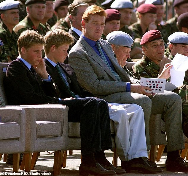 He was also a mentor and a 'second dad' to a young Harry and William after the death of their mother in 1997. He is pictured with the Princes in 1999