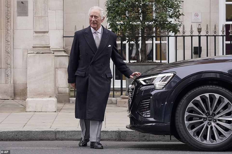 King Charles returned to his estate at Sandringham on Tuesday, the anniversary of his grandfather's death. Charles arrived back at the Norfolk country house with Queen Camilla before being rushed inside by waiting aides. He was said to be 'on good form' following treatment for the unspecified cancer. The royal helicopter was seen arriving in Sandringham just before 5pm.