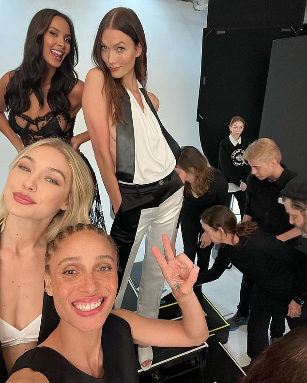 Adwoa with Gigi Hadid, Maya Jama and Karlie Kloss as the huge team prepares them for the shoot