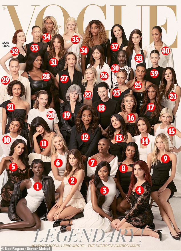 The historic cover: 1. Anok Yai, 2. Kaia Gerber, 3. Naomi Campbell, 4. Dua Lipa, 5. Maya Jama, 6. Kate Moss, 7. Cynthia Erivo, 8. Simone Ashley, 9. Lila Moss, 10. Ariana Debose, 11. Jameela Jamil 12. Oprah, 13. Salma Hayek, 14. Christy Turlington, 15. Selma Blair, 16. Miley Cyrus, 17. Iman, 18. Linda Evangelista, 19. Jane Fonda, 20. Cara Delevingne, 21. Gugu Mbatha-Raw, 22. Gigi Hadid, 23. Adwoa Aboah, 24. Victoria Beckham, 25. Paloma Elsesser, 26. Gemma Chan, 27. Jodie Comer, 28. Precious Lee, 29. Amber Valletta, 30. Adut Akech, 31. Cindy Crawford, 32. Karen Elson, 33. Irina Shayk, 34. Laverne Cox, 35. Anya Taylor-Joy, 36. Serena Williams, 37. Rina Sawayama, 38. Karlie Kloss, 39. Vittoria Ceretti, 40. Jourdan Dunn