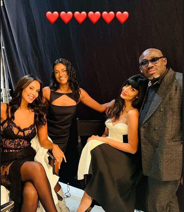 Maya Jama, Simone Ashley and Jameela Jamil all pose with their friend Edward during the shoot