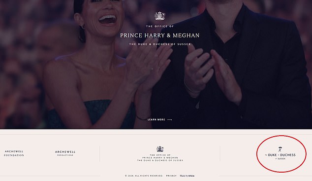 The couple's new Sussex.com website has a link at the bottom (circled by MailOnline) under the logo 'The Duke and Duchess of Sussex' which directs users back to SussexRoyal.com