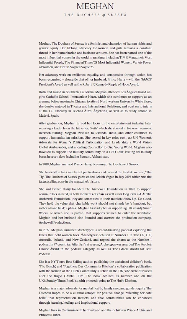 Meghan, whose Spotify podcast, acting career and lifestyle blog The Tig are all referenced in her biography, is hailed as a 'feminist and champion of human rights and gender equity'