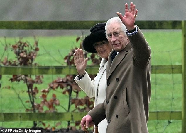 King Charles and Queen Camilla wave as they leave a service at St Mary Magdalene Church on the Sandringham Estate on February 11, 2024