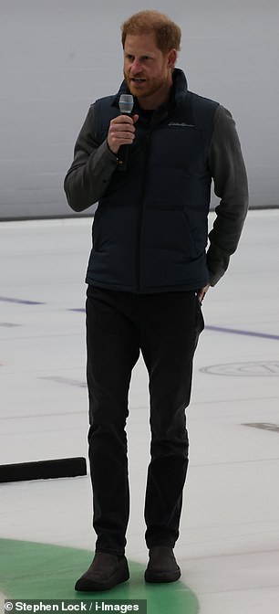 After giving wheelchair curling a go, Harry stood out on the ice to make a speech to the crowd