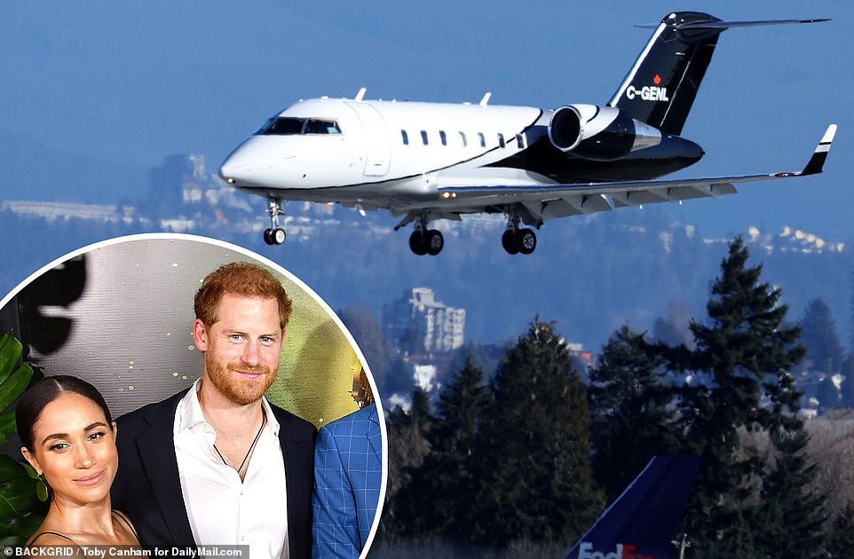 ¿Environmental campaigner¿ Prince Harry has touched down in Vancouver, Canada, with wife Meghan aboard a gas-guzzling private jet to begin a three-day visit tied to next year¿s Invictus Games. Exclusive DailyMail.com photos show the couple¿s jet landing in the City of Glass just after 12 pm PT following a two-hour flight from Santa Barbara - the closest airport to their home in Montecito.