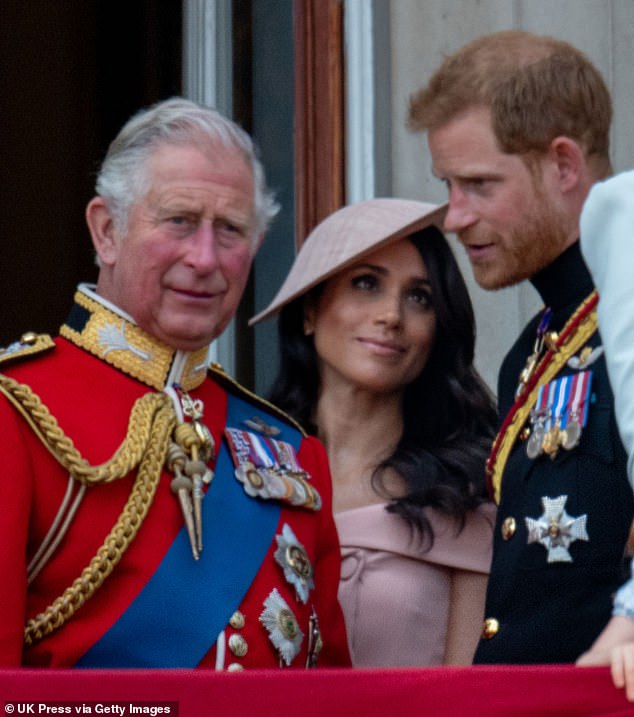 Prince Harry (pictured with wife Meghan and father King Charles in 2018) notably failed to mention being a member of the Royal Family on his profile page