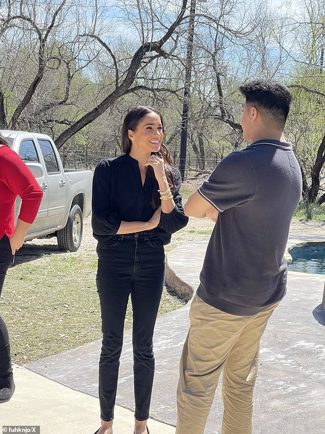 John, 22, posted photos of royal's visit to social media. They see the Duchess of Sussex speaking with him his driveway