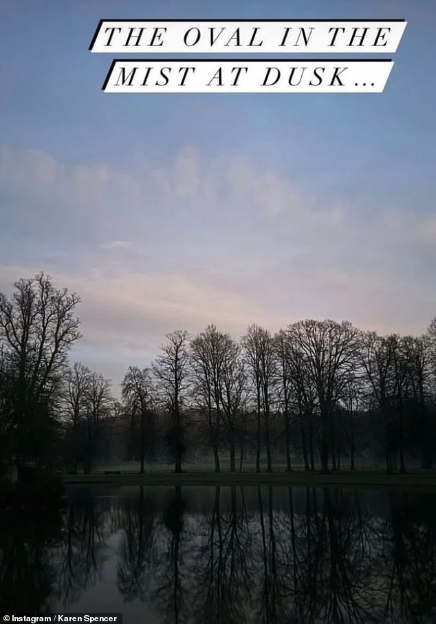 Although the island where her sister-in-law is buried is not visible, the trees surrounding the lake are pictured reflecting in the crystal clear and calm water