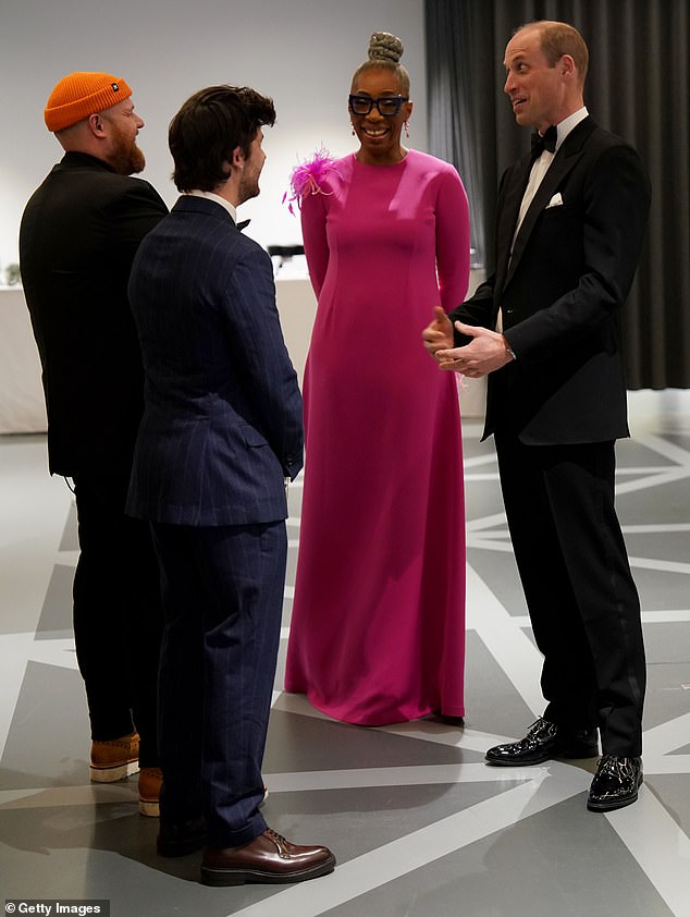 Prince William, Prince of Wales speaks to Tom Walker, Ken Spellman and Dr Tessy Oho CBE as he attends The Diana Legacy Awards tonight