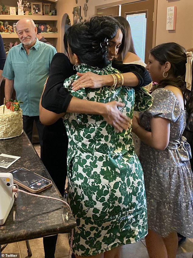 The photos, which were shared by the nephew of heroic teacher Irma Garcia, show Meghan, 42, warmly embracing the late educator's sister while marking her birthday