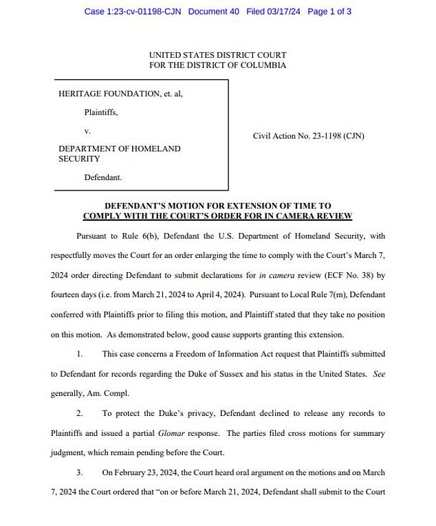 The Heritage Foundation is suing the Department of Homeland Security to release details of Harry's immigration status. On Sunday, DHS lawyers asked for more time to comply with a judge's ordered to provide more information about why it did not want to release the records