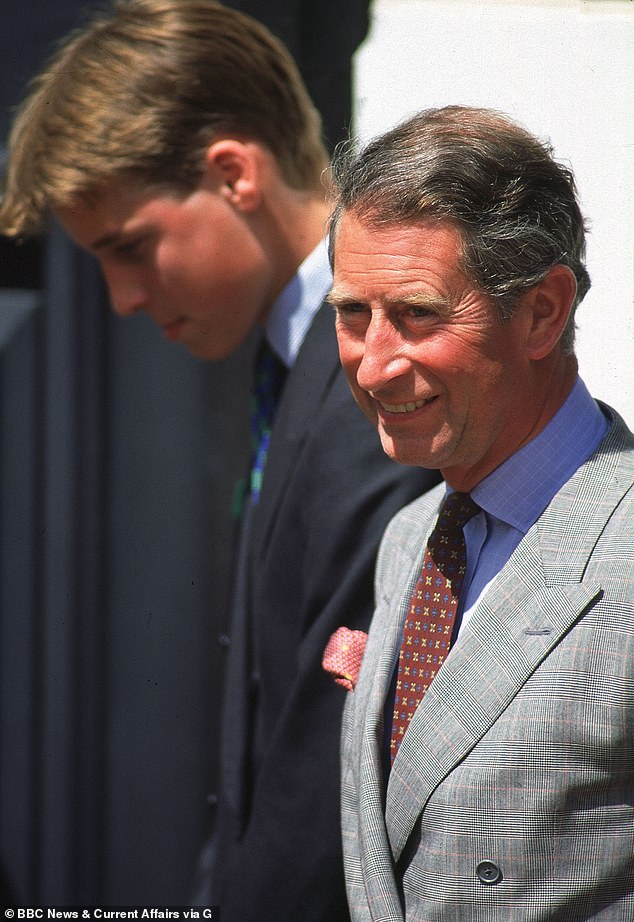 William, head bowed down, stands with Prince Charles outside Clarence House as the celebrate the Queen Mother's 98th birthday