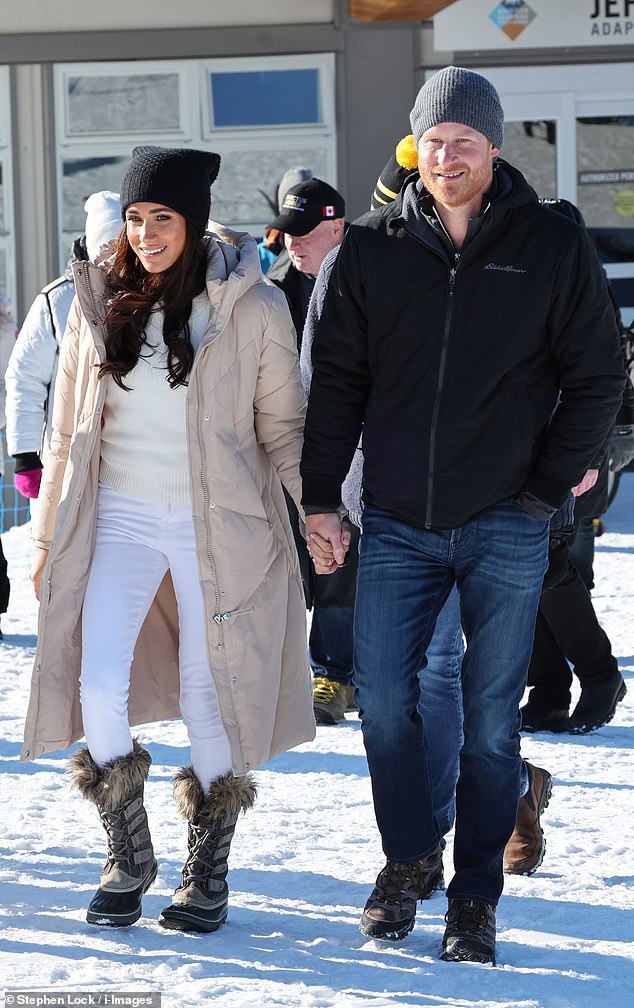 Meghan and Harry pictured at an Invictus Games event in Whistler, Canada last month. Harry has been skiing with Kris Jenner's partner Corey Gamble