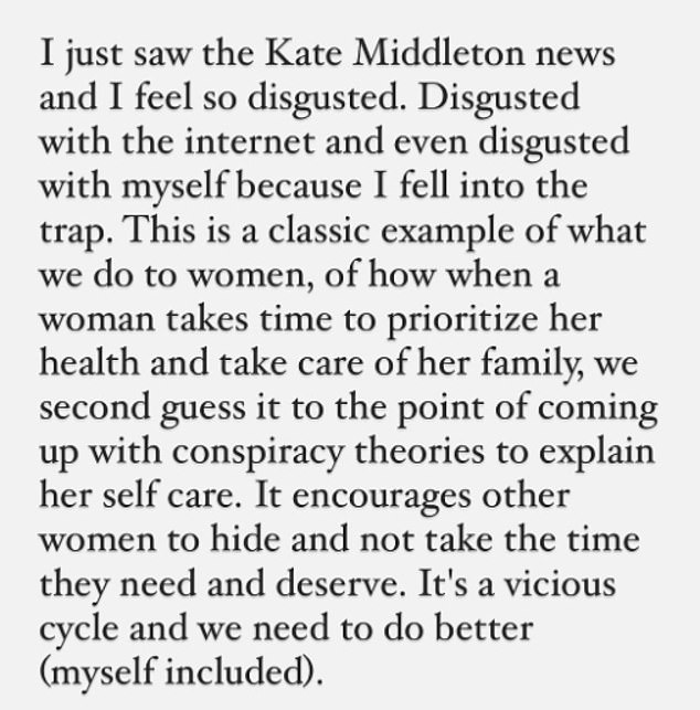 Reshma Saujani, the founder of Girls Who Code who collaborated with Meghan Markle for a campaign to change the perception of mothers on TV, wrote on Instagram that she felt 'disgusted' with herself for joining in with speculation about Kate