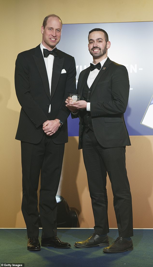 Yusuf Ben-Tarifite was one of 20 young leaders and role models who received prestigious awards in memory of Princess Diana. Pictured receiving his award from the Prince of Wales at 7.30pm during the glittering ceremony at the Science Museum in Kensington