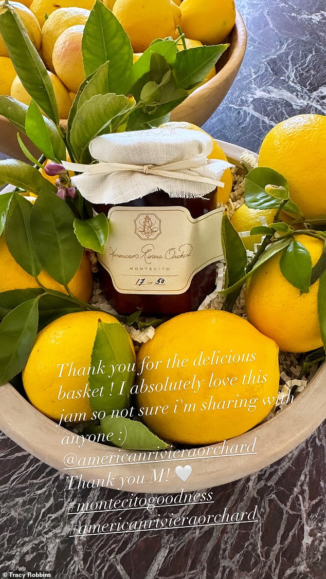 Showing the strawberry jam in a basket with lemons, Tracy Robbins added: 'Thank you, M!'