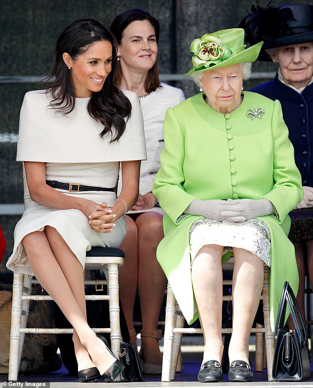 Ms Cohen, who was nicknamed 'Samantha the panther' for her no-nonsense attitude, served as Queen Elizabeth's press secretary for 17 years and then as her assistant and private secretary. She stepped away from working for the Royal household in 2019 after a stint as the private secretary to the Duke and Duchess of Sussex. Above: Ms Cohen is seen behind the Queen and Meghan at a ceremony to open the Mersey Gateway Bridge in Widnes in June 2018