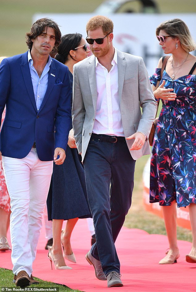 Best pals: Nacho and Prince Harry at the 2018 Sentebale ISPS Handa Polo Cup, with Meghan Markle and Delfina walking behind them; pictured in July 2018