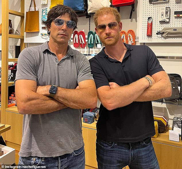 While visiting Tokyo with Prince Harry in August, the pair posed for this playful photo - with Nacho captioning it on Instagram: 'Shopping for our wives'