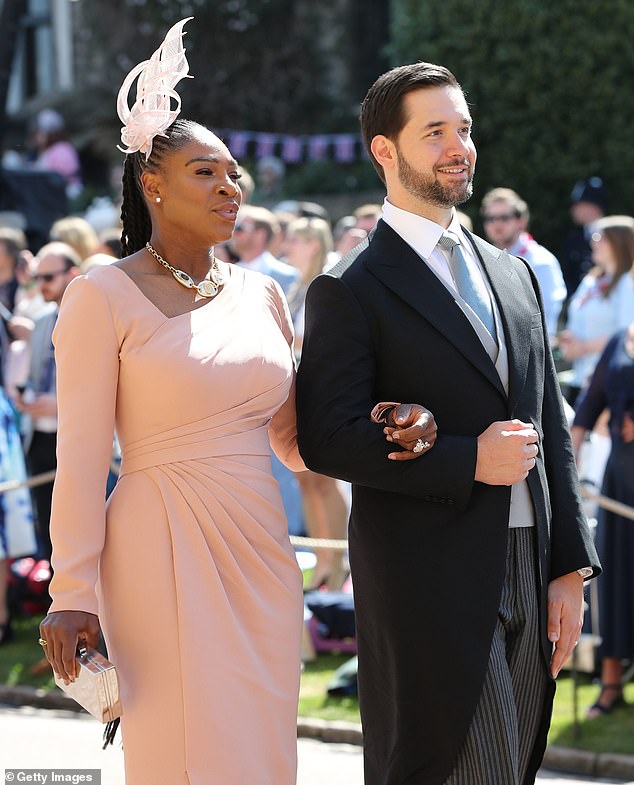 The Duchess of Sussex, 41, and the American tennis champ (pictured with husband Alexis Ohanian at Meghan's wedding to Prince Harry) , 40, chat to one another on the royal's first Archetypes podcast, released on Spotify today, about the double standards women face when they are labelled 'ambitious'