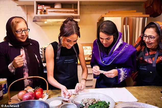 Meghan's new lifestyle show will be offering insights into 'the joys of cooking, gardening, entertaining and friendship'. ABove: A photo previously issued by Archewell of Meghan at The Welcome Project on February 10