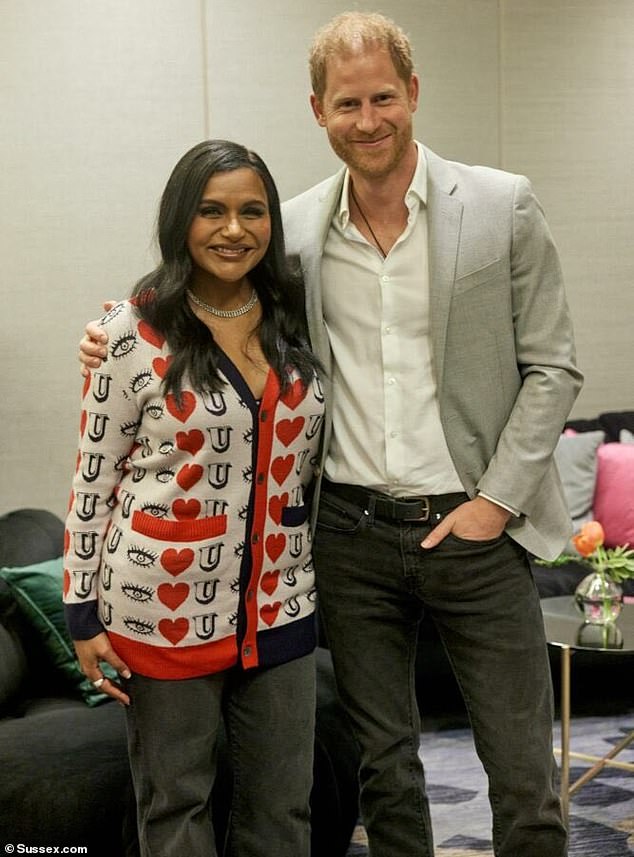 Prince Harry posed with The Office actress Mindy Kaling during his appearance at the 'Beyond Burnout: Transforming C-Level Stress Into Strength' session in San Francisco on Wednesday