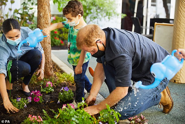 The first project will see the Duchess of Sussex celebrate the joys of 'cooking, entertaining and gardening'. Pictured: The couple planting a memorial garden for Princess Diana in 2020