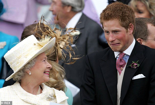 The late Queen pictured beaming at Prince Harry following Charles and Camilla's religious blessing