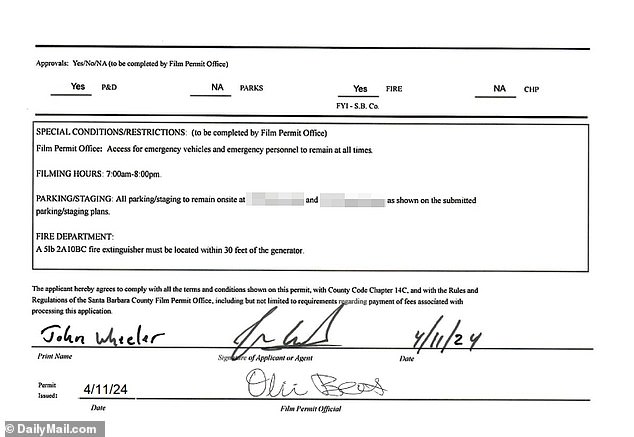 A film permit application exclusively obtained by DailyMail.com shows filming in two separate locations