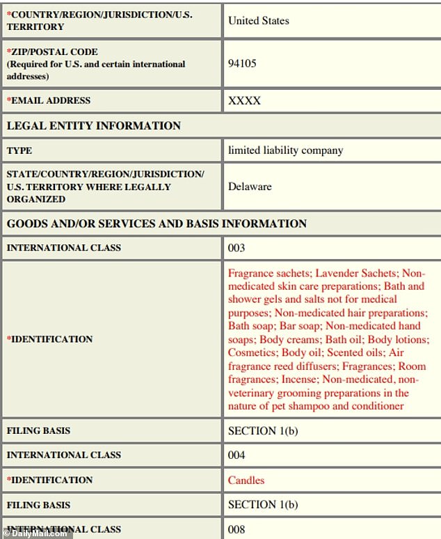 The application shows she is going to sell 'Fragrance sachets; Lavender Sachets; Non-medicated skin care preparations; Bath and shower gels and salts…non-mediated hair preparations; Bath soap; Bar soap: Non-medicated hand soaps: Body creams: Bath oil: Body lotions: Cosmetics [and] Body Oil'