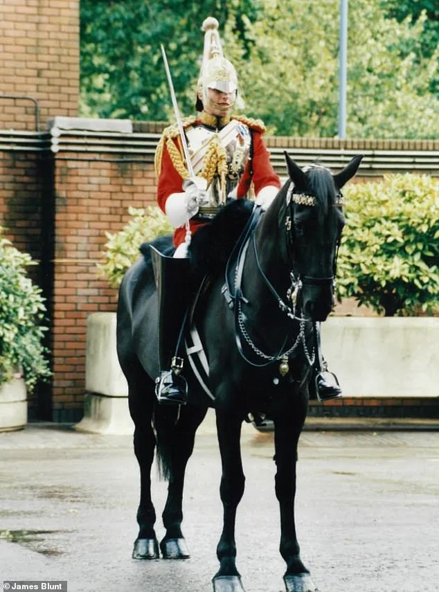 James Blunt served in the Life Guards in the 1990s after training at Sandhurst military academy and went on to see active service in Kosovo. Above: Blunt in the Life Guards